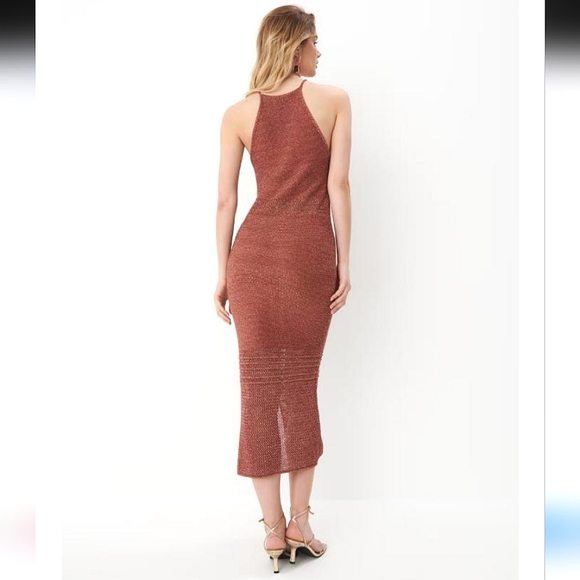 NWT Mohito Slinky Metallic Mesh Knit Midi Dress Copper Brown Sheer Sleeveless SM - Picture 2 of 11